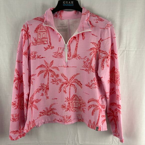T by Talbots UPF 50+  Pink Beach Villa Half-Zip Pullover Top Palm Tree Print M - Picture 1 of 6